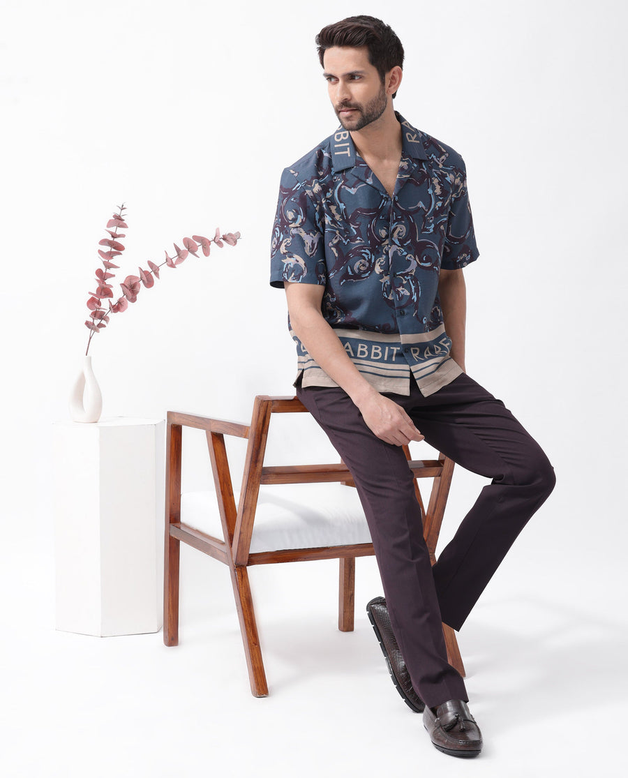 Rare Rabbit Men's Bordi Dark Navy Viscose Abstract Print Boxy Fit Half Sleeve Cuban Collar Shirt