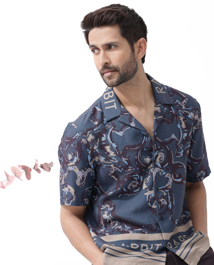 Rare Rabbit Men's Bordi Dark Navy Viscose Abstract Print Boxy Fit Half Sleeve Cuban Collar Shirt