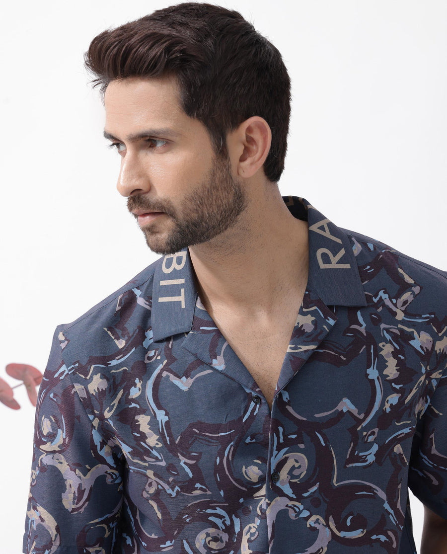 Rare Rabbit Men's Bordi Dark Navy Viscose Abstract Print Boxy Fit Half Sleeve Cuban Collar Shirt