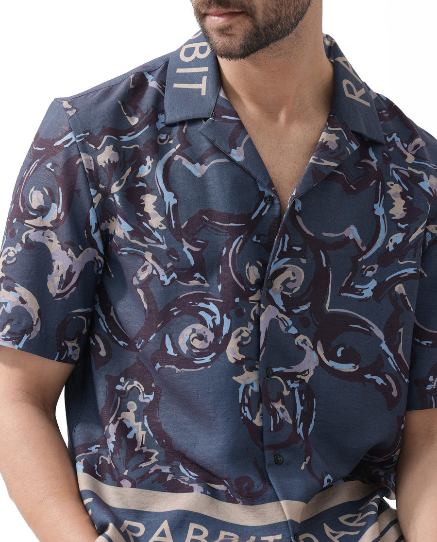 Rare Rabbit Men's Bordi Dark Navy Viscose Abstract Print Boxy Fit Half Sleeve Cuban Collar Shirt