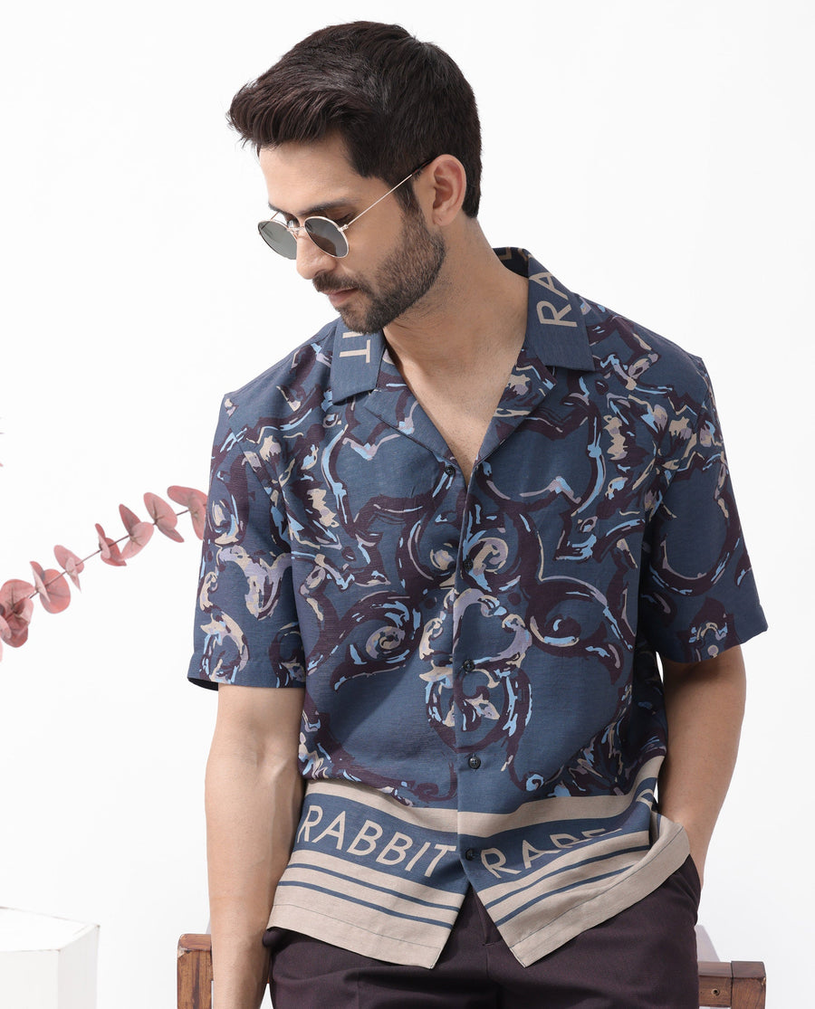 Rare Rabbit Men's Bordi Dark Navy Viscose Abstract Print Boxy Fit Half Sleeve Cuban Collar Shirt