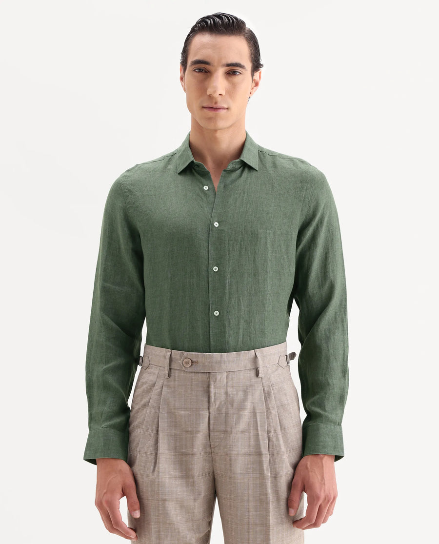 Rare Rabbit Men's Borium-25 Dark Green 100% Linen Fabric Spread Collar Regular Fit Plain Shirt