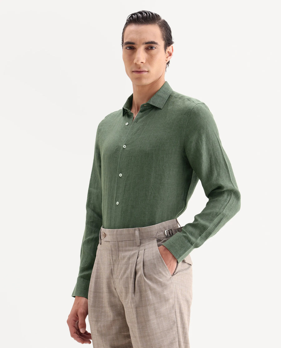 Rare Rabbit Men's Borium-25 Dark Green 100% Linen Fabric Spread Collar Regular Fit Plain Shirt