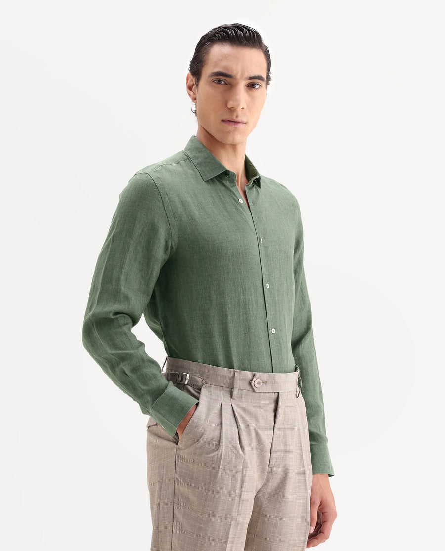 Rare Rabbit Men's Borium-25 Dark Green 100% Linen Fabric Spread Collar Regular Fit Plain Shirt