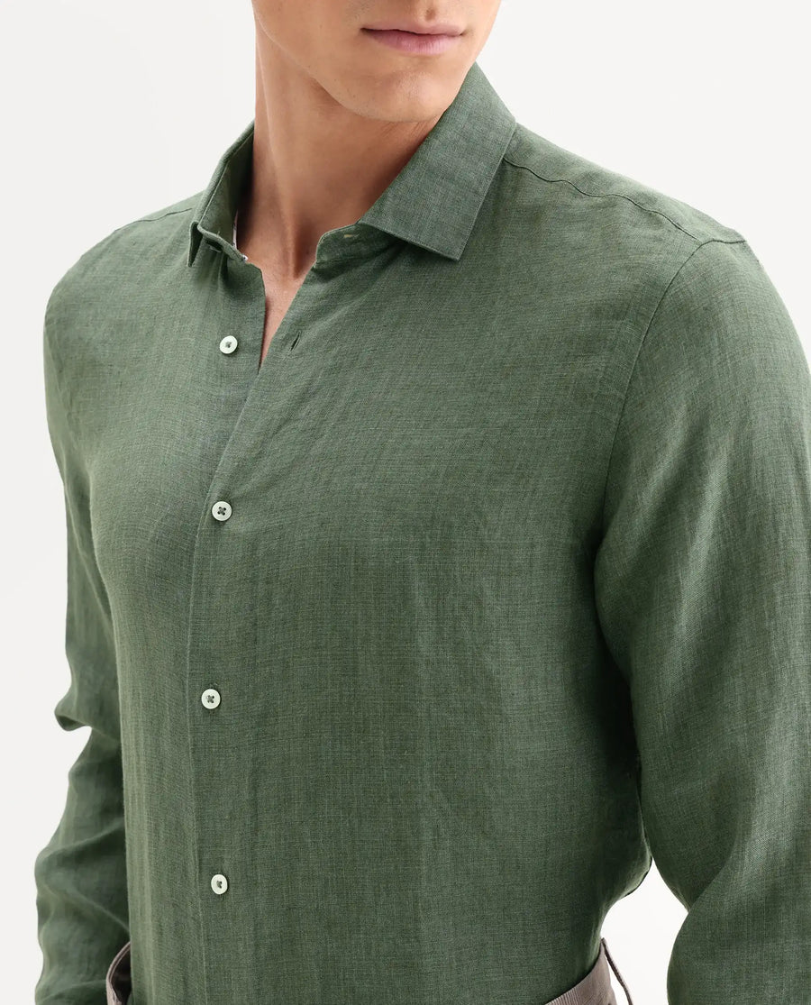 Rare Rabbit Men's Borium-25 Dark Green 100% Linen Fabric Spread Collar Regular Fit Plain Shirt