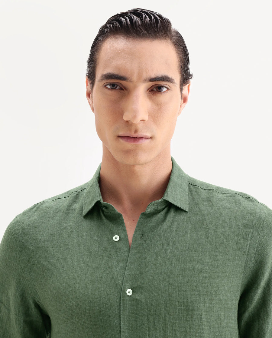 Rare Rabbit Men's Borium-25 Dark Green 100% Linen Fabric Spread Collar Regular Fit Plain Shirt