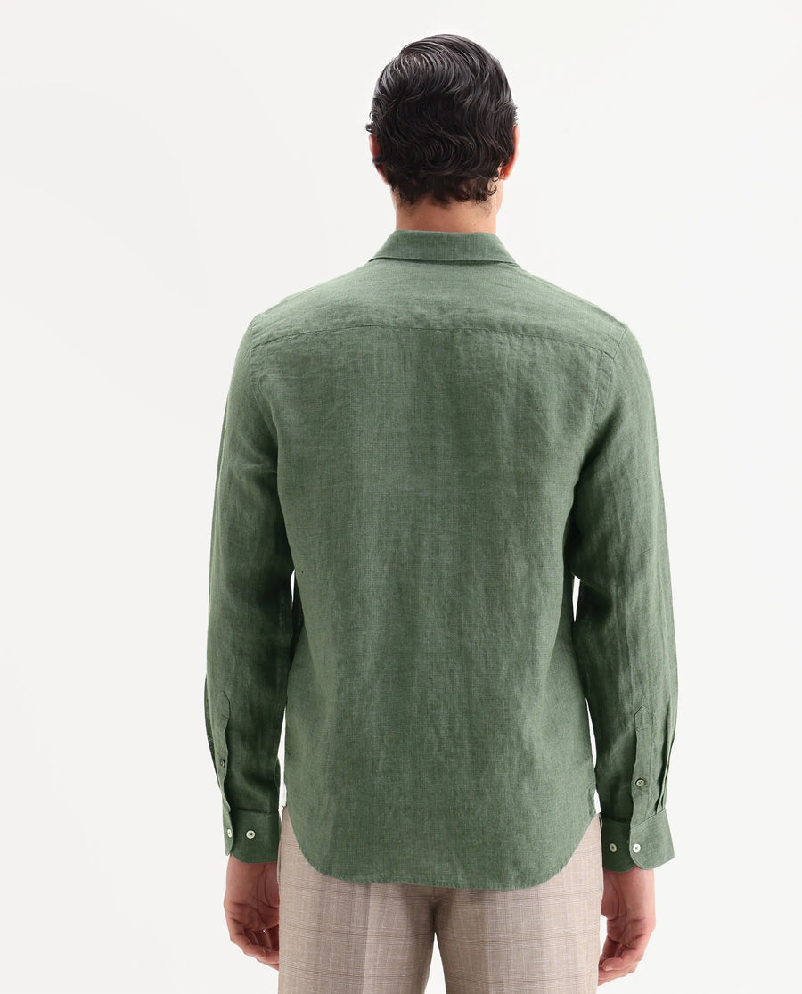 Rare Rabbit Men's Borium-25 Dark Green 100% Linen Fabric Spread Collar Regular Fit Plain Shirt