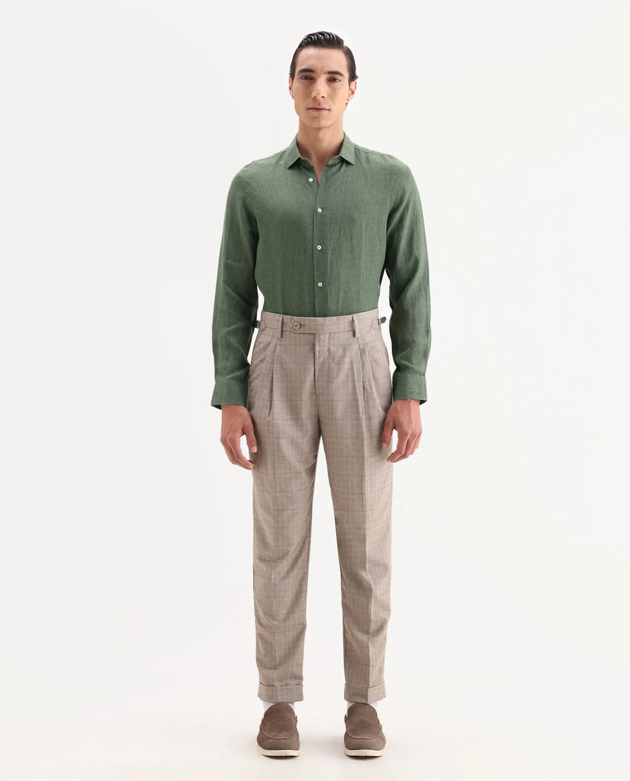 Rare Rabbit Men's Borium-25 Dark Green 100% Linen Fabric Spread Collar Regular Fit Plain Shirt