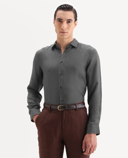 Rare Rabbit Men's Borium-25 Grey 100% Linen Fabric Spread Collar Regular Fit Plain Shirt