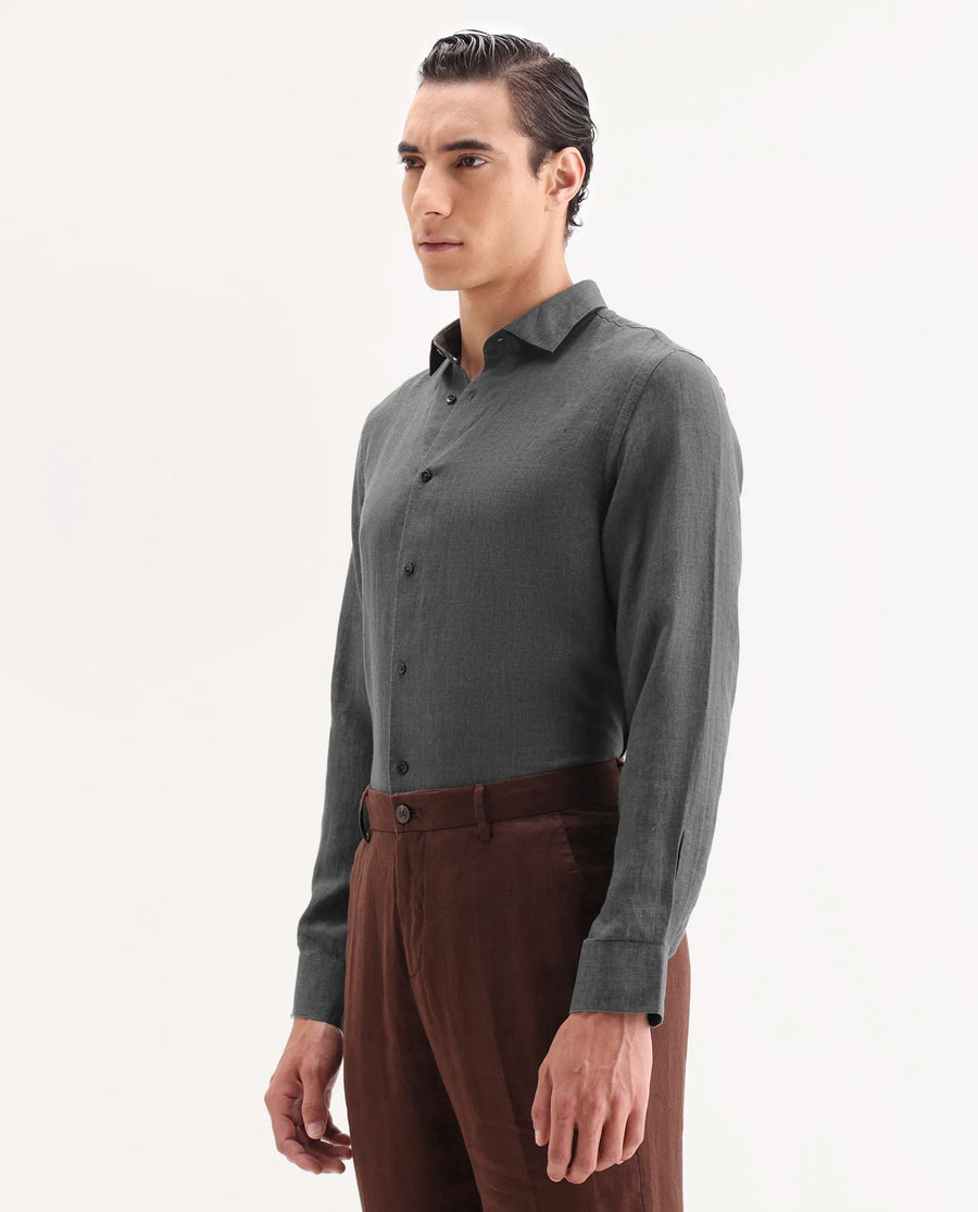 Rare Rabbit Men's Borium-25 Grey 100% Linen Fabric Spread Collar Regular Fit Plain Shirt