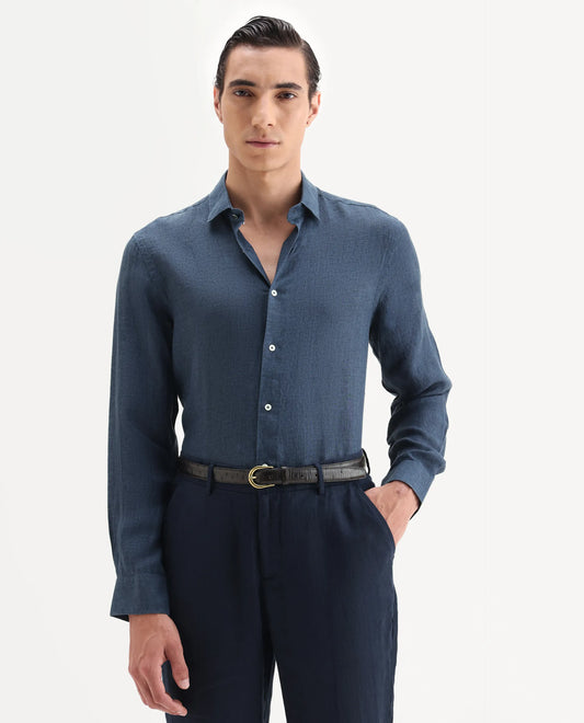 Rare Rabbit Men's Borium-25 Navy 100% Linen Fabric Spread Collar Regular Fit Plain Shirt