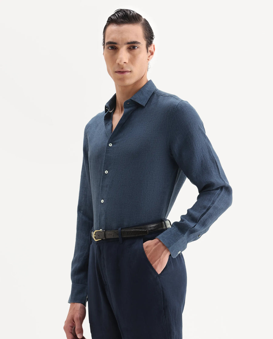 Rare Rabbit Men's Borium-25 Navy 100% Linen Fabric Spread Collar Regular Fit Plain Shirt