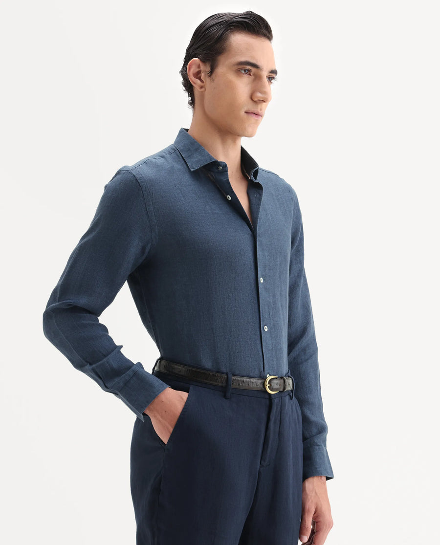 Rare Rabbit Men's Borium-25 Navy 100% Linen Fabric Spread Collar Regular Fit Plain Shirt