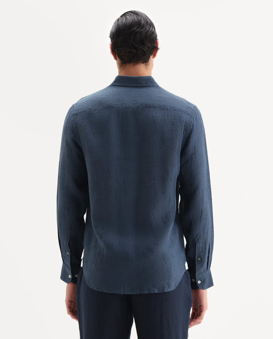 Rare Rabbit Men's Borium-25 Navy 100% Linen Fabric Spread Collar Regular Fit Plain Shirt