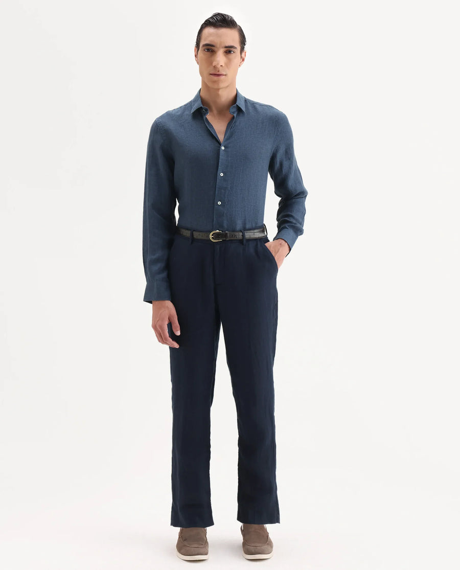 Rare Rabbit Men's Borium-25 Navy 100% Linen Fabric Spread Collar Regular Fit Plain Shirt
