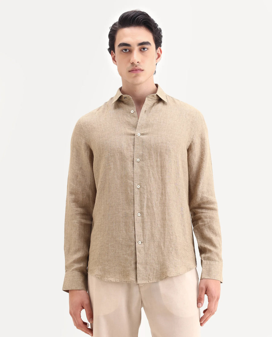 Rare Rabbit Men's Borium-25 Pastel Green 100% Linen Fabric Spread Collar Regular Fit Plain Shirt