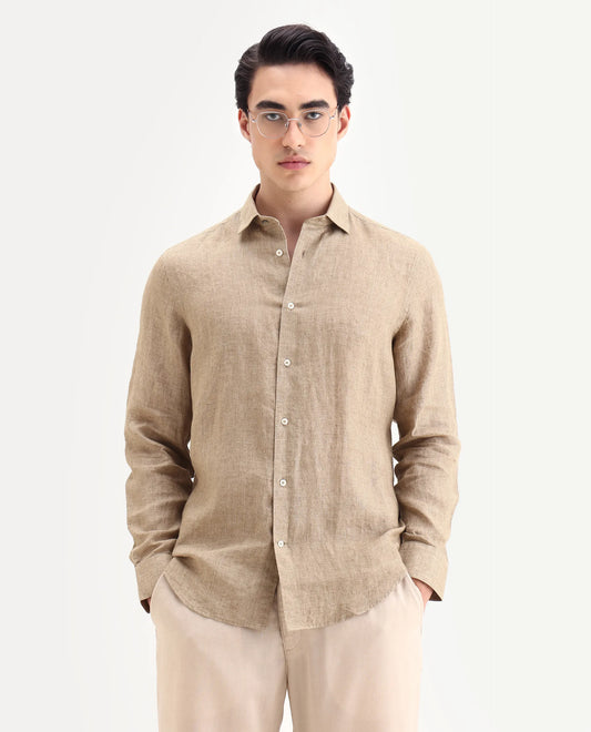 Rare Rabbit Men's Borium-25 Pastel Green 100% Linen Fabric Spread Collar Regular Fit Plain Shirt