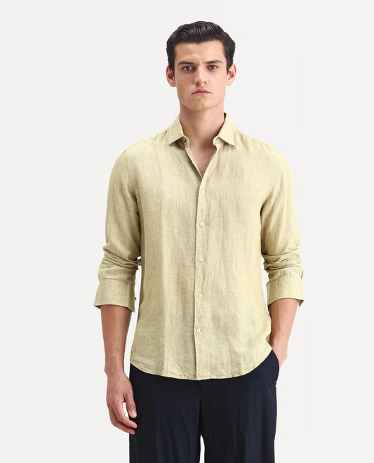 Rare Rabbit Men's Borium-2 Pastel Green 100% Linen Plain Regular Fit Full Sleeve Collared Shirt