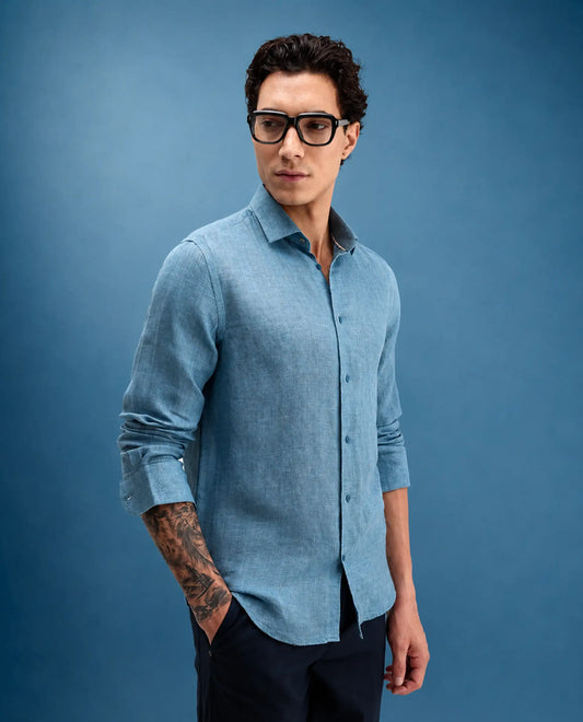 Rare Rabbit Men's Borium-26 Blue 100% Linen Full Sleeve Spread Collar Regular Fit Plain Shirt