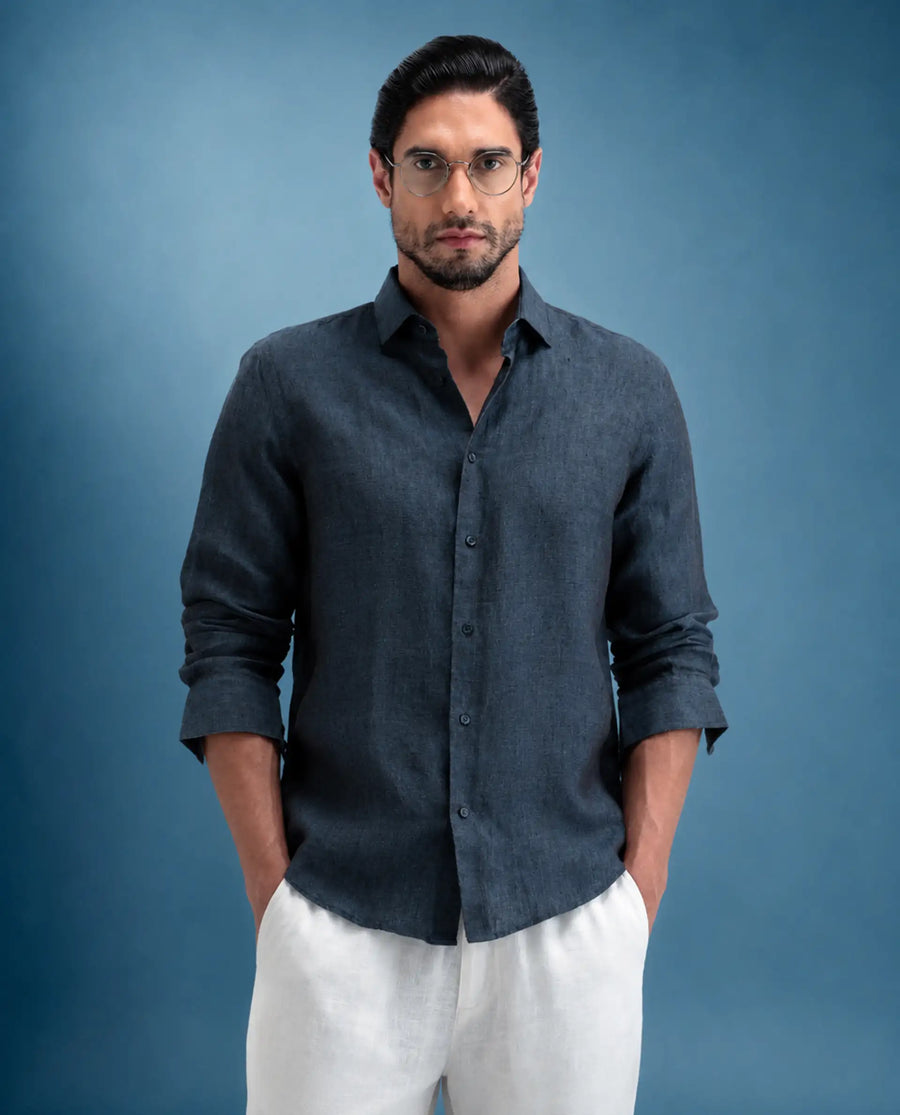 Rare Rabbit Men's Borium-D-26 Dark Blue 100% Linen Full Sleeve Spread Collar Regular Fit Plain Shirt