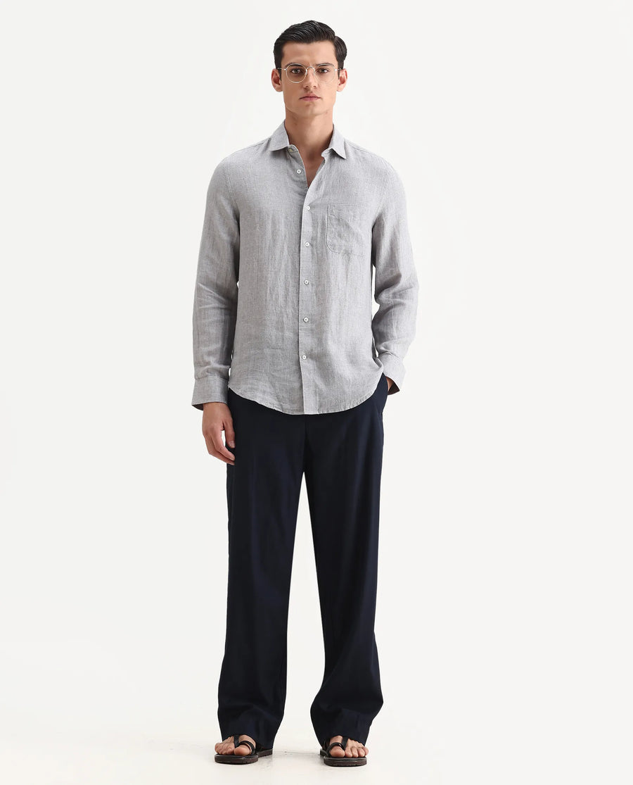 Rare Rabbit Men's Borium Ls-25 Beige 100% Linen Plain Regular Fit Full Sleeve Collared Shirt