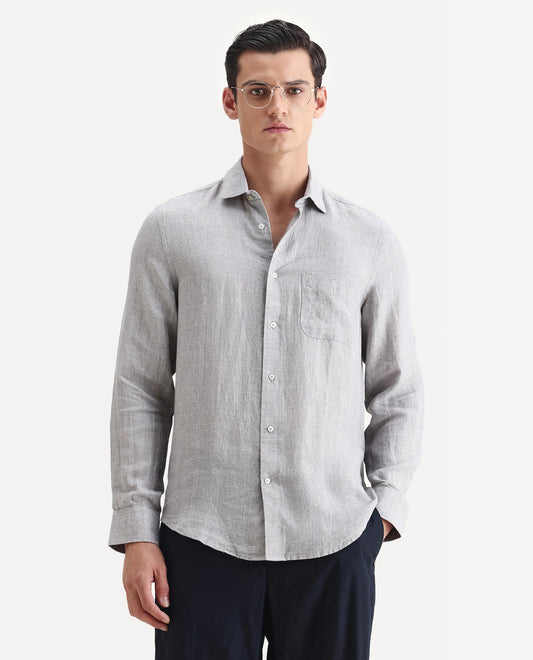 Rare Rabbit Men's Borium Ls-25 Beige 100% Linen Plain Regular Fit Full Sleeve Collared Shirt