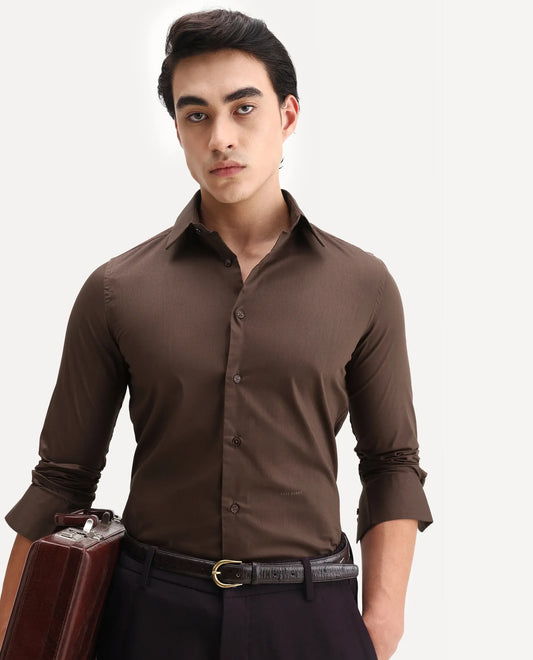 Rare Rabbit Men's Borium Ls-25 Brown 100% Linen Plain Regular Fit Full Sleeve Collared Shirt