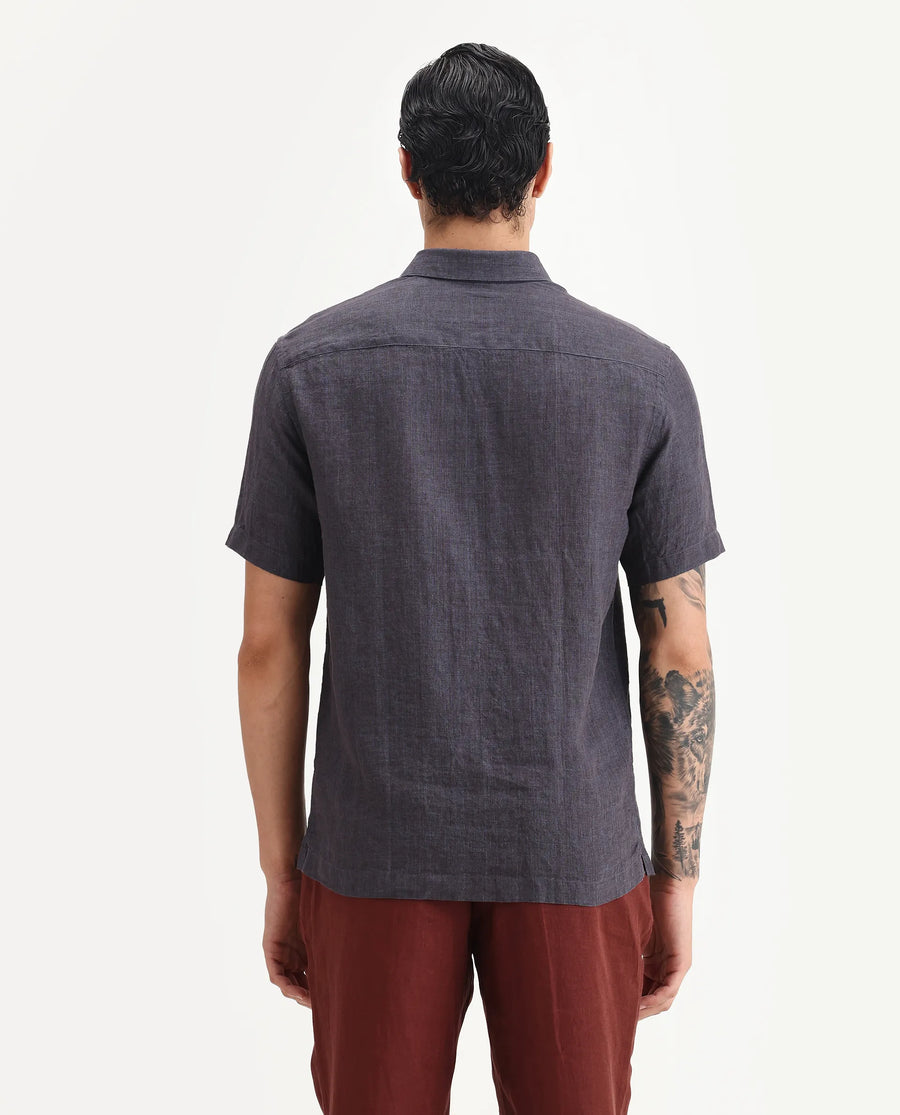 Rare Rabbit Men's Borium Ss-25 Dark Purple Linen Plain Regular Fit Full Sleeve Collared Shirt
