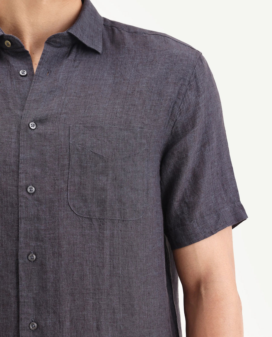 Rare Rabbit Men's Borium Ss-25 Dark Purple Linen Plain Regular Fit Full Sleeve Collared Shirt