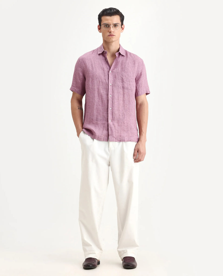 Rare Rabbit Men's Borium Ss-25 Dusky Pink Linen Plain Regular Fit Full Sleeve Collared Shirt