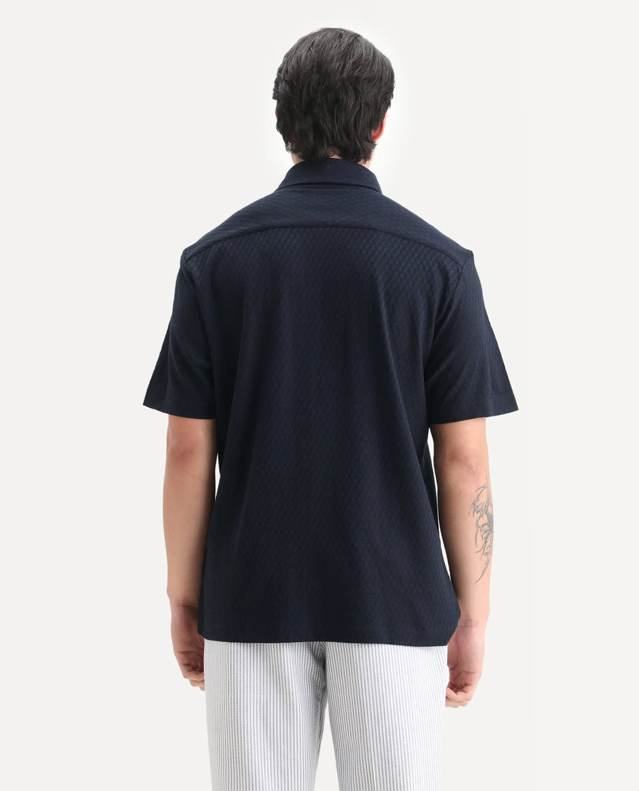 Rare Rabbit Men's Borp Dark Navy Cotton Plain Relaxed Fit Half Sleeve Collared Shirt