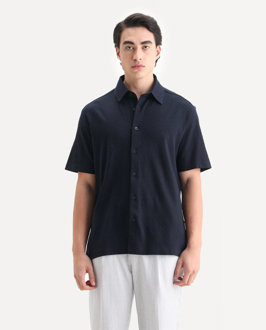 Rare Rabbit Men's Borp Dark Navy Cotton Plain Relaxed Fit Half Sleeve Collared Shirt