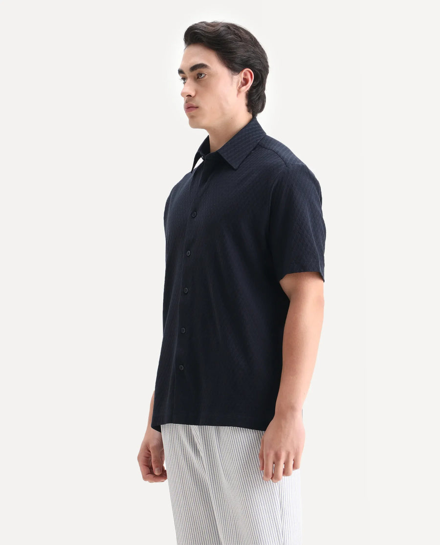 Rare Rabbit Men's Borp Dark Navy Cotton Plain Relaxed Fit Half Sleeve Collared Shirt