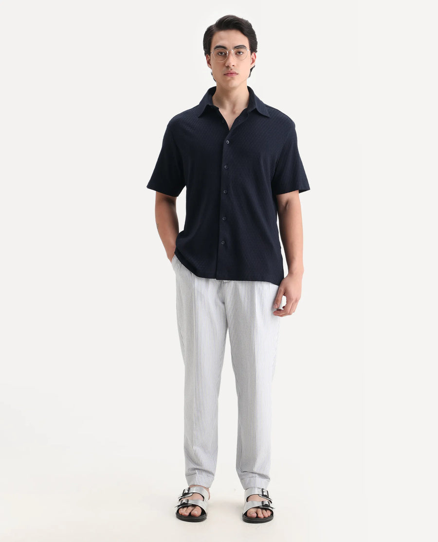 Rare Rabbit Men's Borp Dark Navy Cotton Plain Relaxed Fit Half Sleeve Collared Shirt