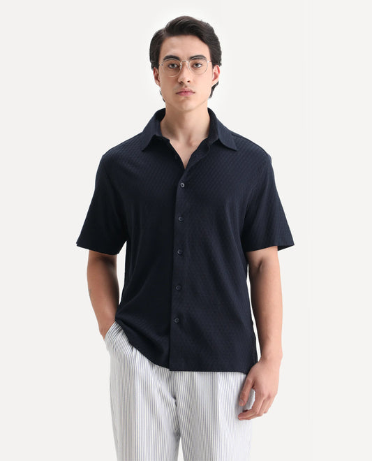 Rare Rabbit Men's Borp Dark Navy Cotton Plain Relaxed Fit Half Sleeve Collared Shirt