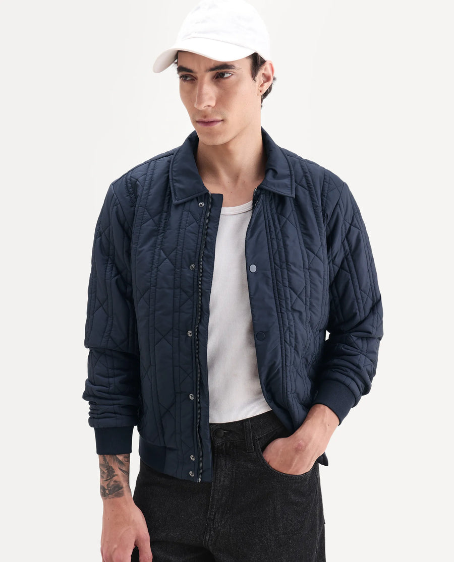 Rare Rabbit Men's Boscod Dark Navy Polyester Fabric Collared Neck Relaxed Geometric Print Jacket