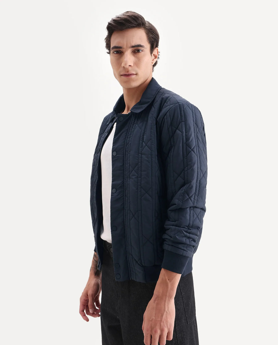 Rare Rabbit Men's Boscod Dark Navy Polyester Fabric Collared Neck Relaxed Geometric Print Jacket