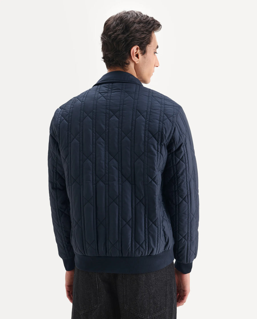 Rare Rabbit Men's Boscod Dark Navy Polyester Fabric Collared Neck Relaxed Geometric Print Jacket