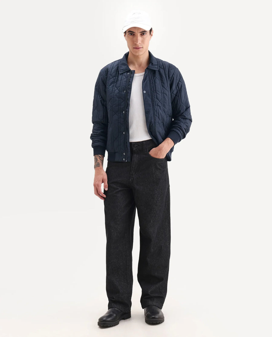 Rare Rabbit Men's Boscod Dark Navy Polyester Fabric Collared Neck Relaxed Geometric Print Jacket