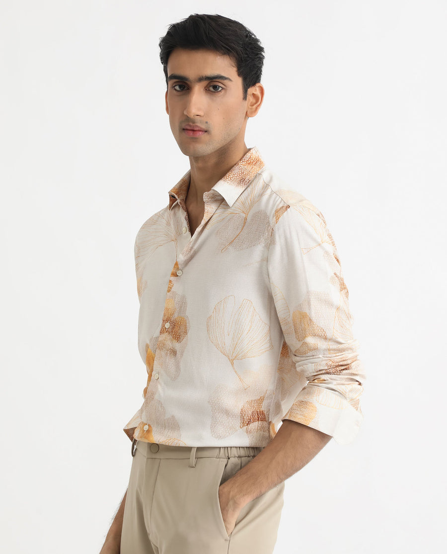 Rare Rabbit Men's Bourbon Beige Viscose Floral Print Regular Fit Full Sleeve Collared Shirt
