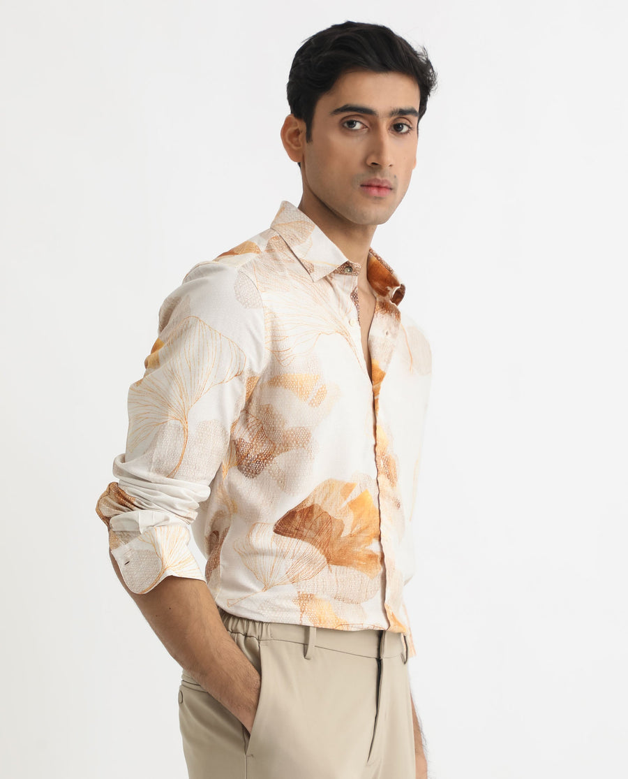 Rare Rabbit Men's Bourbon Beige Viscose Floral Print Regular Fit Full Sleeve Collared Shirt