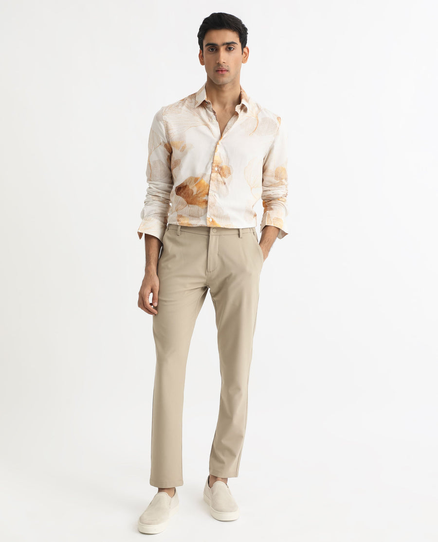 Rare Rabbit Men's Bourbon Beige Viscose Floral Print Regular Fit Full Sleeve Collared Shirt