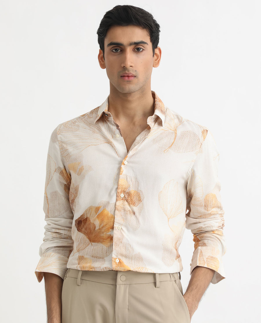 Rare Rabbit Men's Bourbon Beige Viscose Floral Print Regular Fit Full Sleeve Collared Shirt