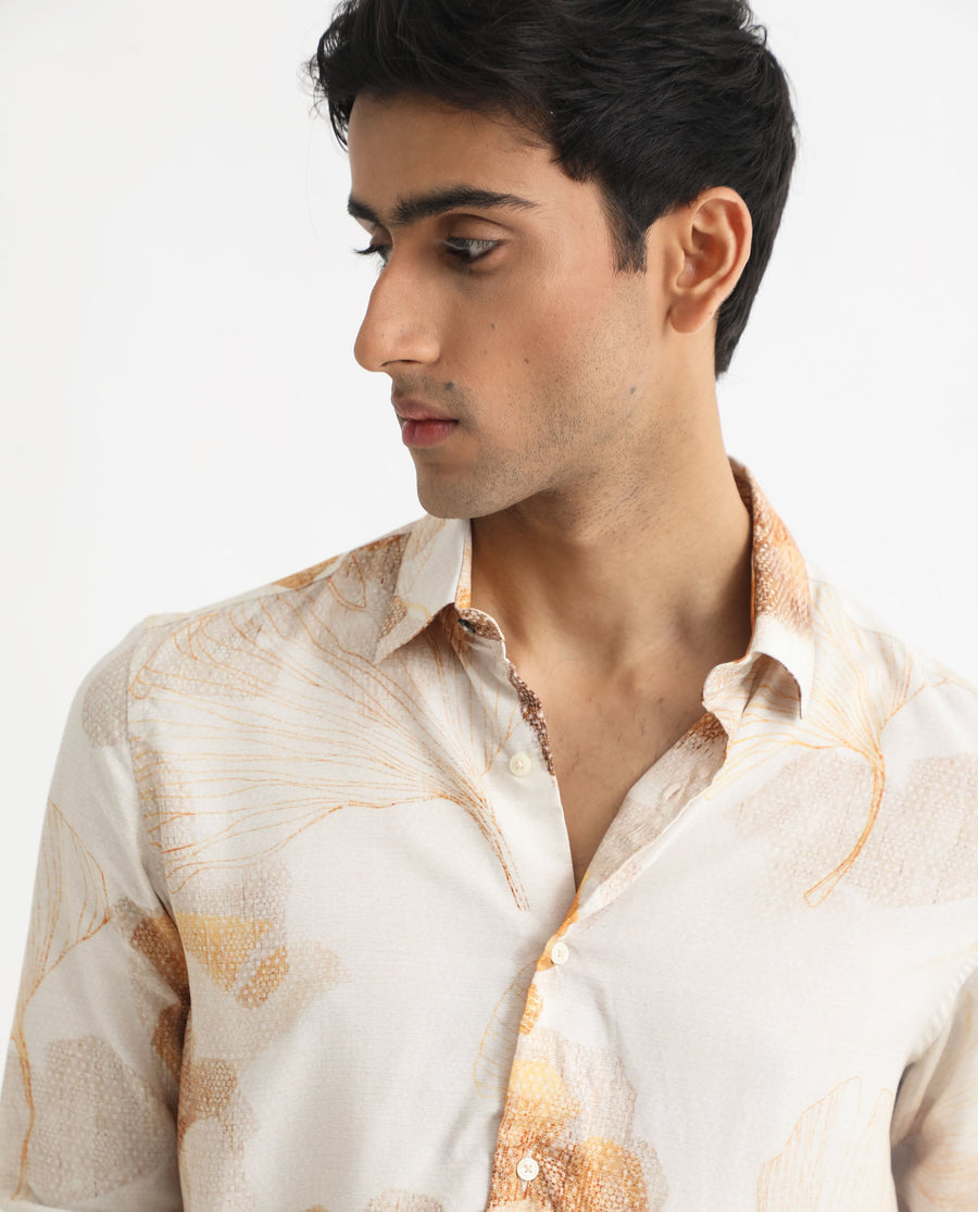 Rare Rabbit Men's Bourbon Beige Viscose Floral Print Regular Fit Full Sleeve Collared Shirt