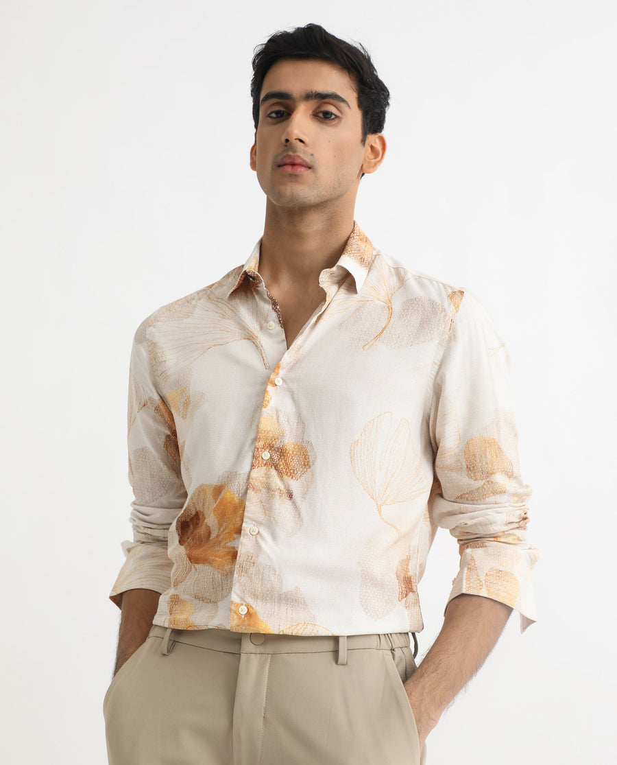 Rare Rabbit Men's Bourbon Beige Viscose Floral Print Regular Fit Full Sleeve Collared Shirt