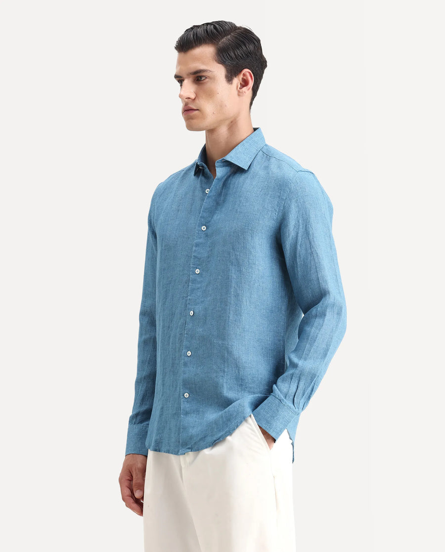 Rare Rabbit Men's Borium-2 Dusky Blue 100% Linen Plain Regular Fit Full Sleeve Collared Shirt