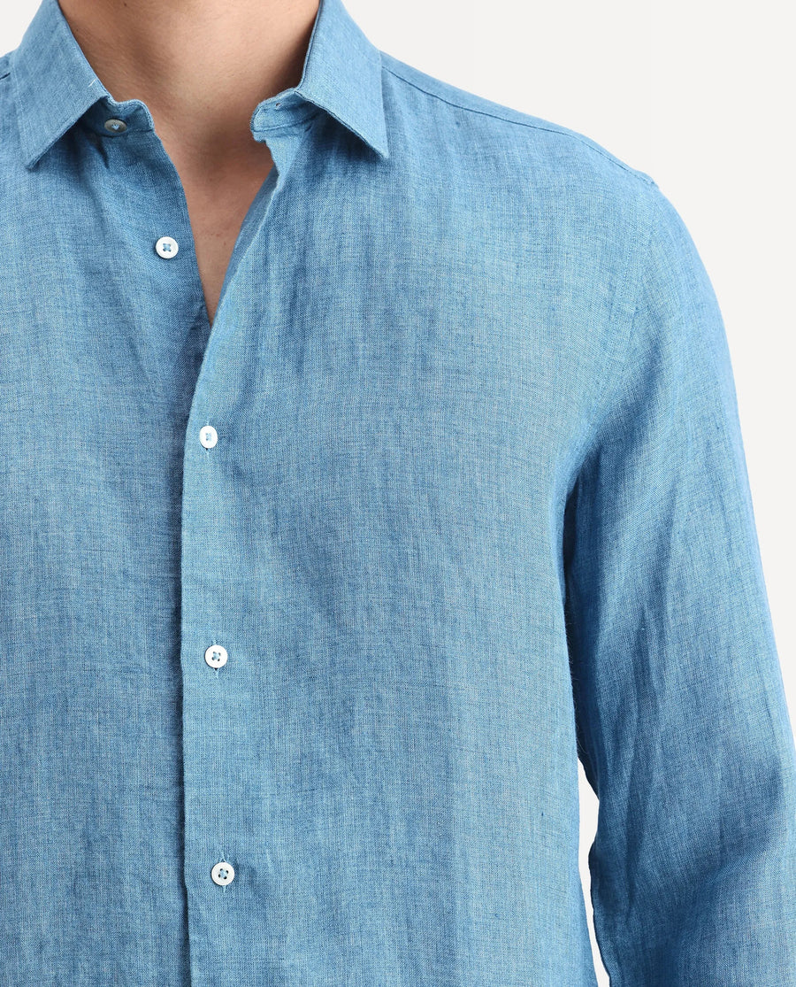 Rare Rabbit Men's Borium-2 Dusky Blue 100% Linen Plain Regular Fit Full Sleeve Collared Shirt