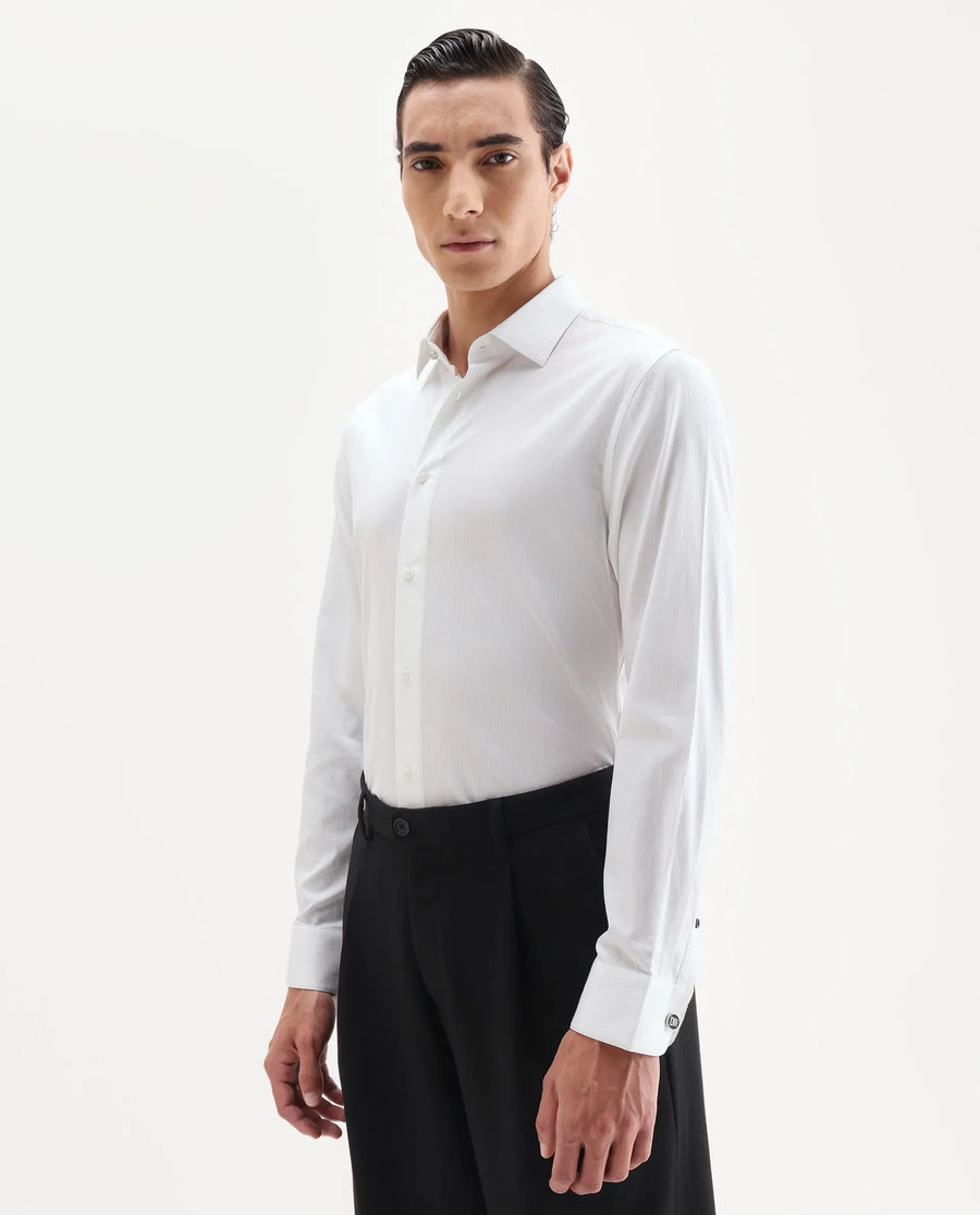 Rare Rabbit Men's Bovec-25 White Cotton Fabric Spread Collar Regular Fit Striped Shirt
