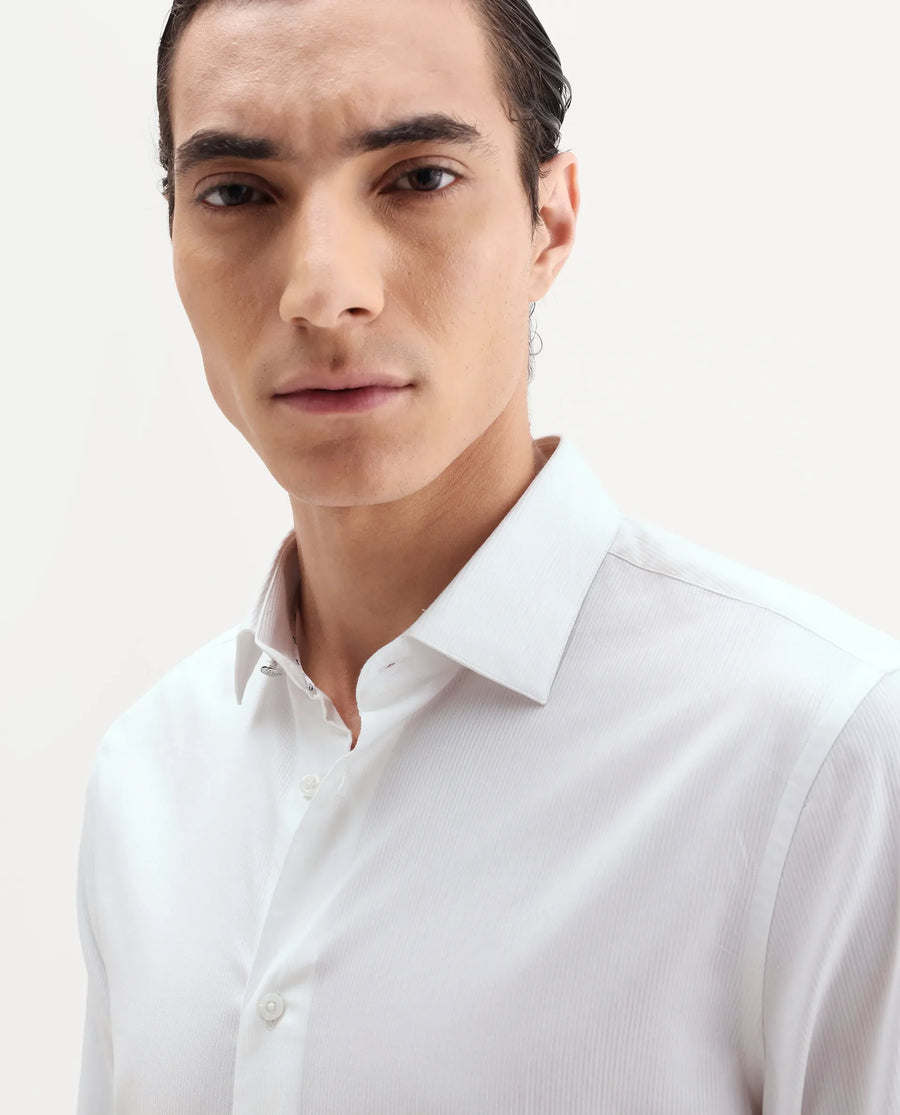 Rare Rabbit Men's Bovec-25 White Cotton Fabric Spread Collar Regular Fit Striped Shirt