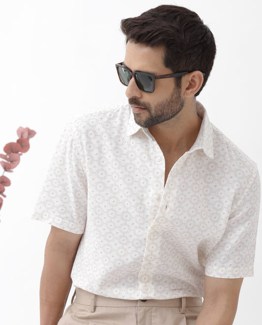 Rare Rabbit Men's Boward Off White Cotton Monogram Print Boxy Fit Half Sleeve Collared Shirt